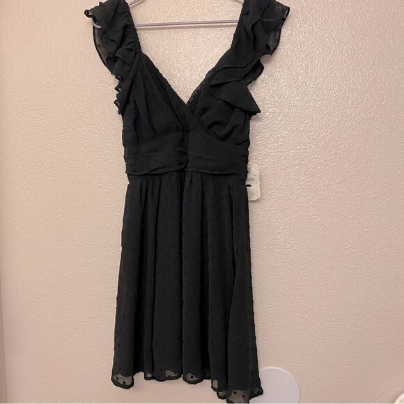 Altar’d State Sylvia Dress Black fit and flair deep v neck ruffle flutter S - Picture 3 of 15